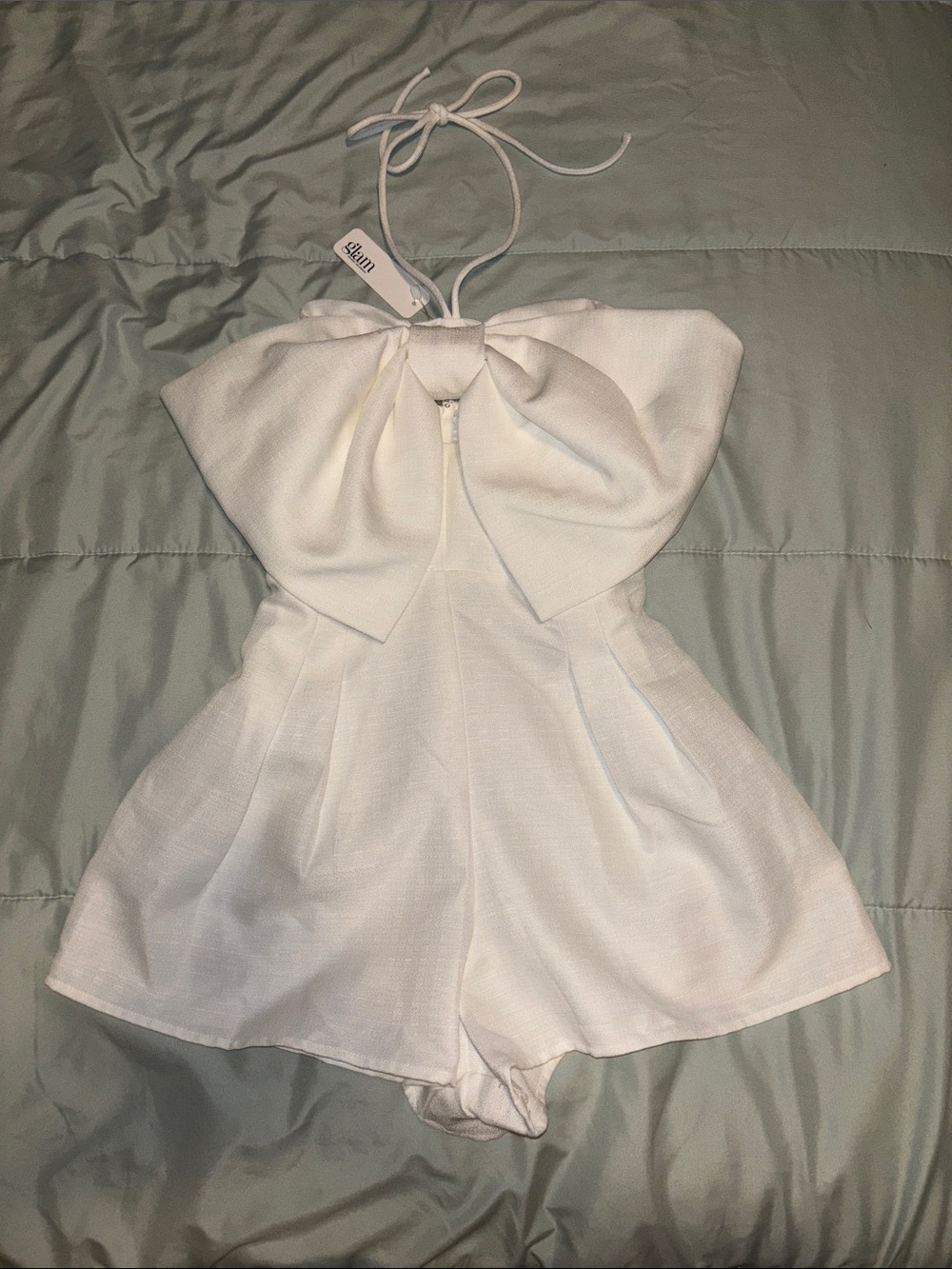 glam White Bow-Front Strapless Romper